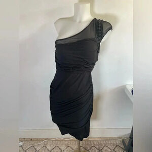 Bebe One Shoulder Black Mini Dress Bodycon Chain Cocktail Little Black Dress 046